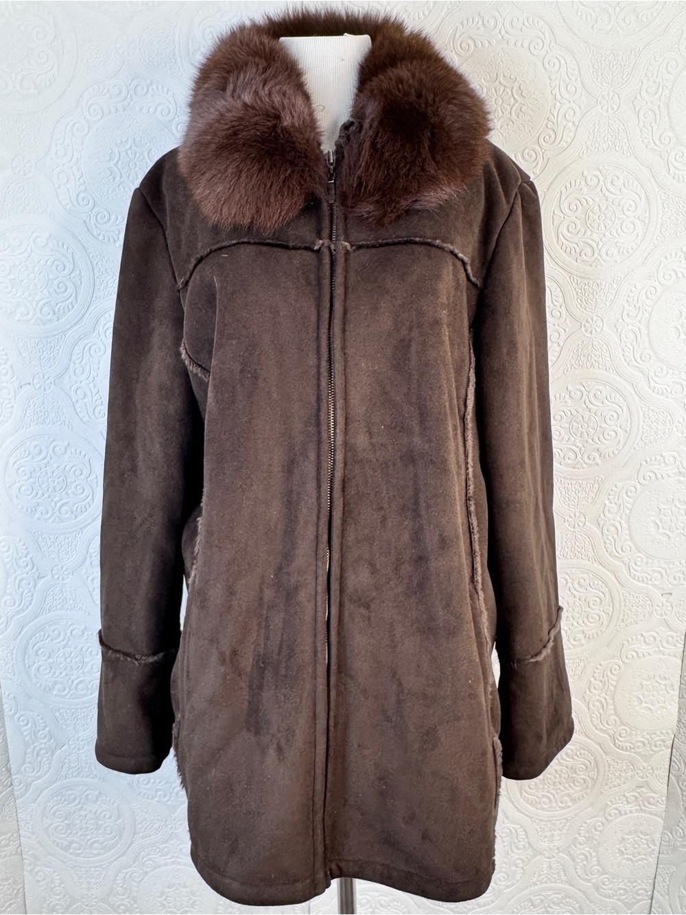 Wilsons Leather Jacket Women's Large Dark Brown Suede Fox Fur  Full Zip Y2K MINT